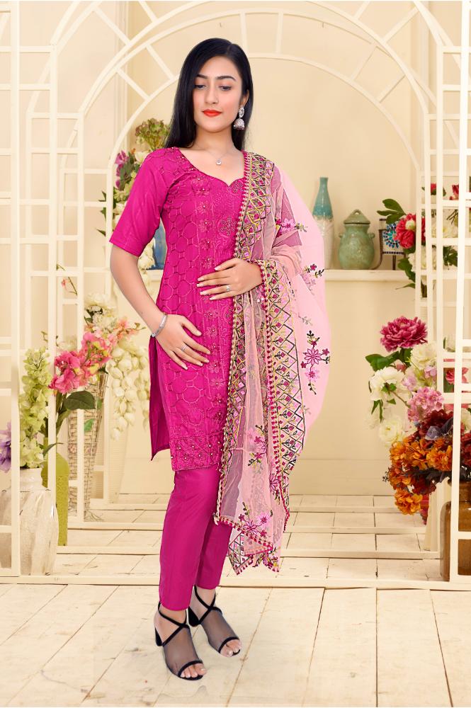 Unstitched Cotton Blend Embroidered Salwar Suit Material