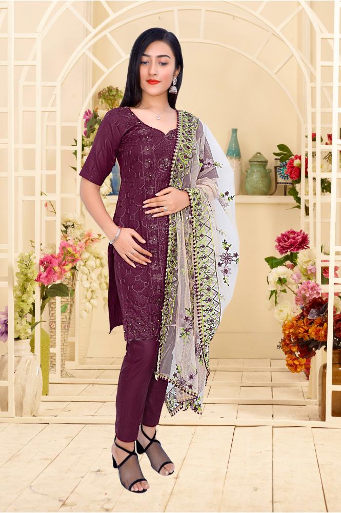 Unstitched Cotton Blend Embroidered Salwar Suit Material