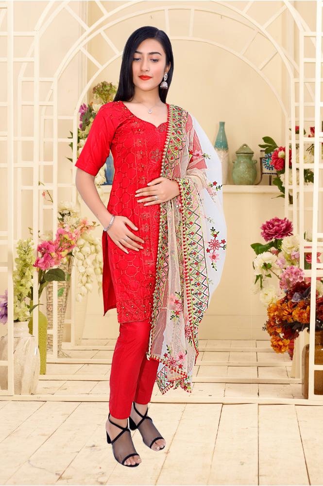 Unstitched Cotton Blend Embroidered Salwar Suit Material