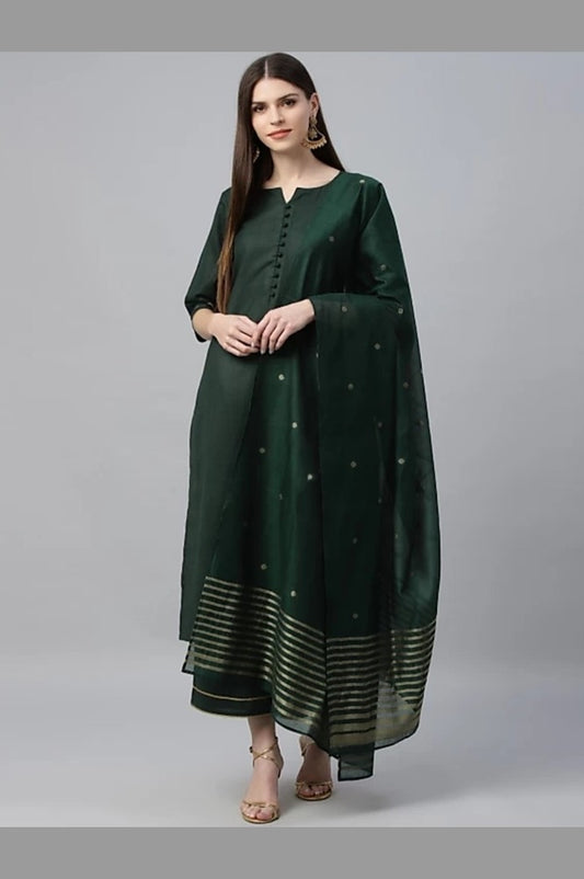 REET MAHAL GREEN SOLID STRAIGHT KURTA WITH PLAZO PANT & DUPATTA