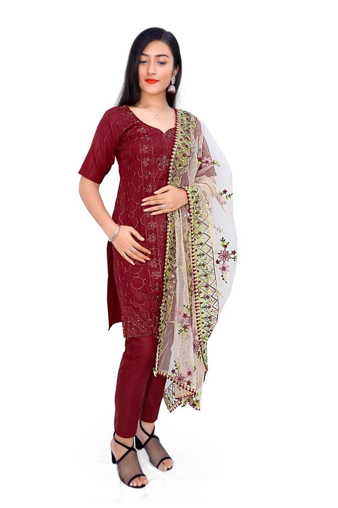 Unstitched Cotton Blend Embroidered Salwar Suit Material