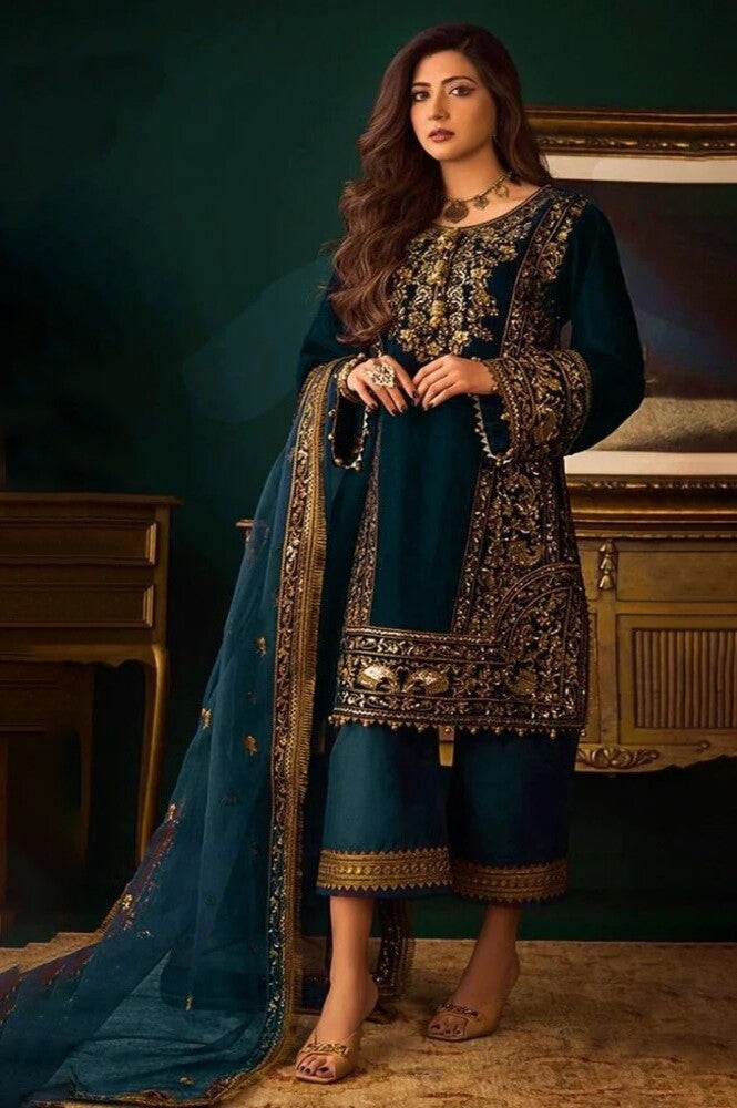 Blue Silk Handwork Embroidered Pakistani Trouser Unstitched Suit