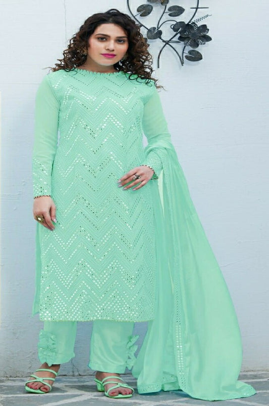 Unstitched Fox Georgette With Embroidery Suit Aqua Color N