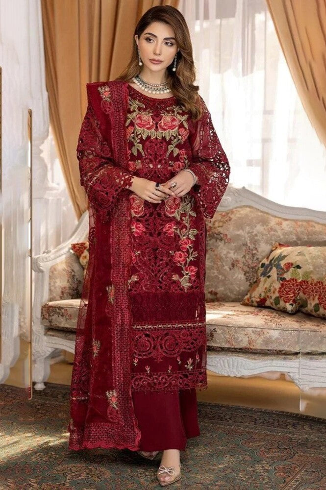 Red Color Georgette With Heavy Embroidery Unstitched Suit