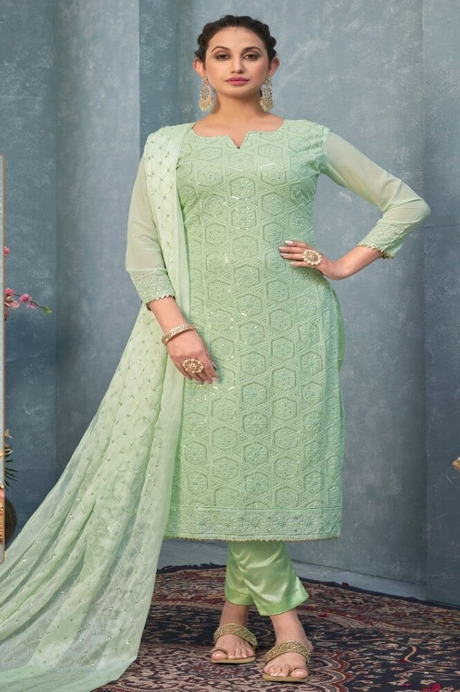 Green Color Georgette With Heavy Embroidery Unstitched Suit