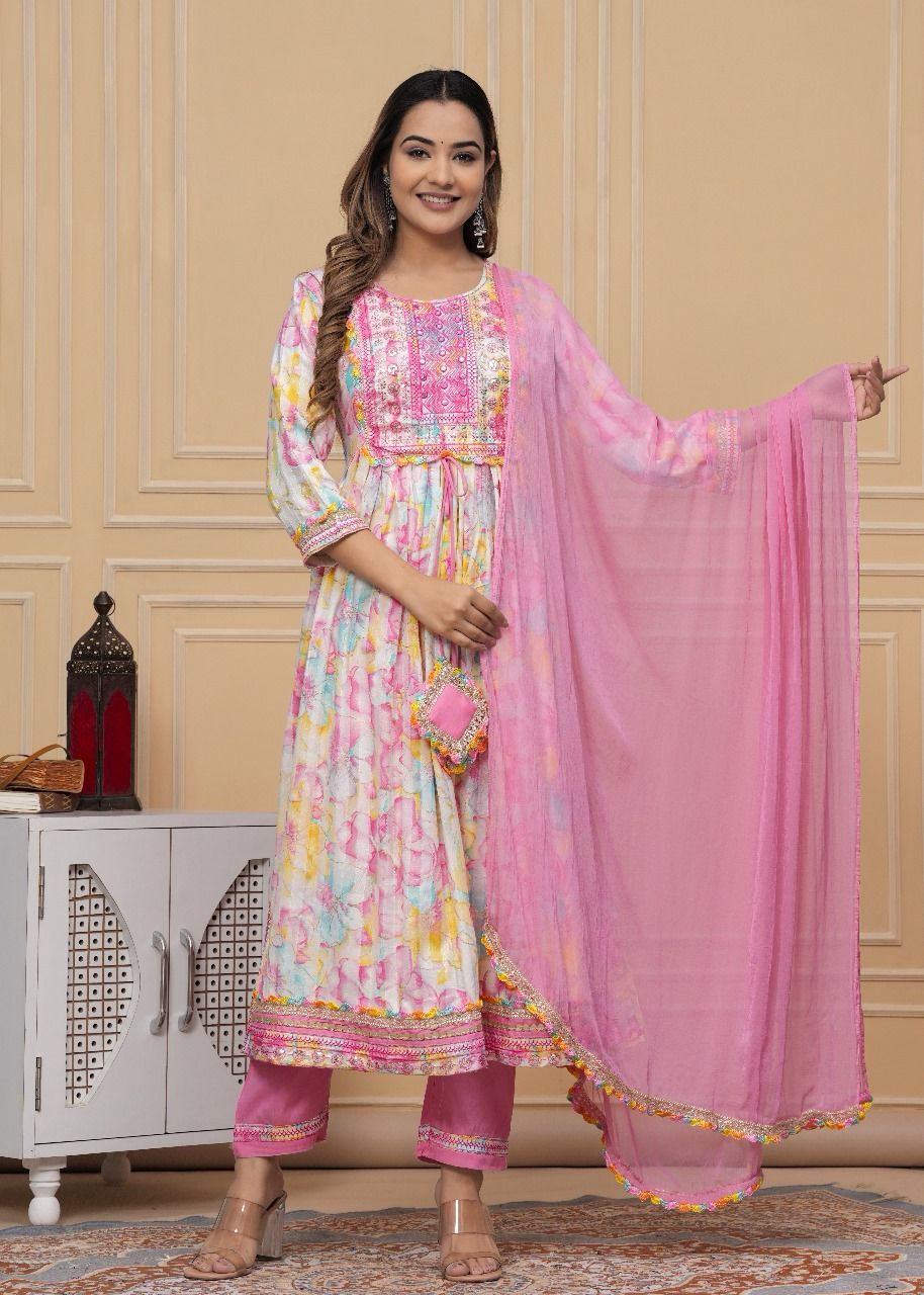 REET MAHAL FLORAL PRINT NAIRA CUT KURTA, PANT WITH NET DUPATTA