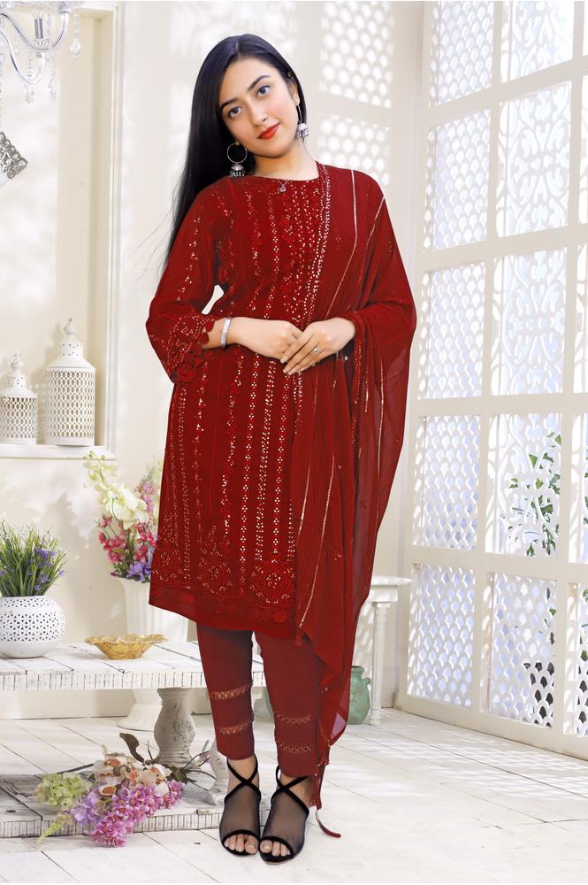 Red Full Stitched Georgette Pakistani Suit