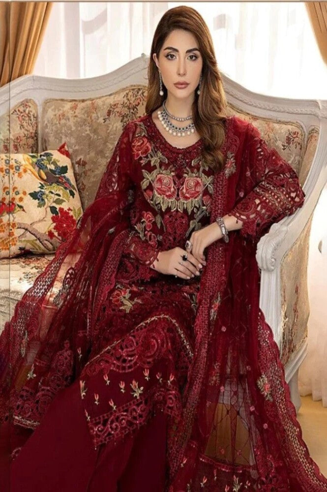 Red Color Georgette With Heavy Embroidery Unstitched Suit