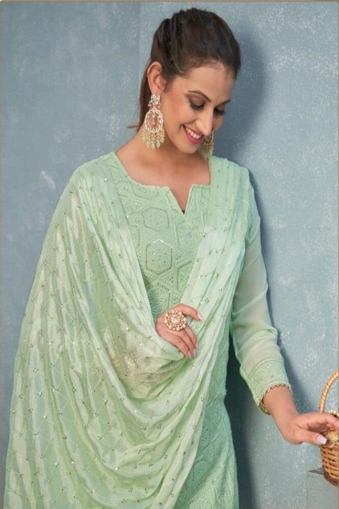 Green Color Georgette With Heavy Embroidery Unstitched Suit