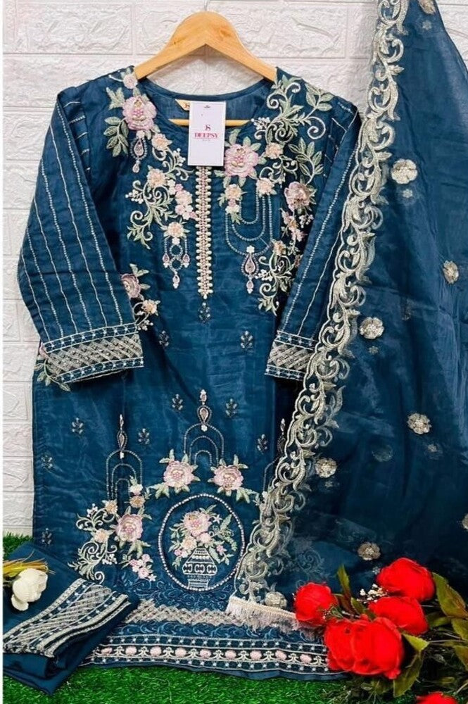 Blue Readymade Organza With Embroidery Pakistani Suit