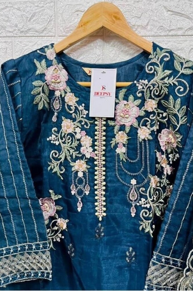 Blue Readymade Organza With Embroidery Pakistani Suit