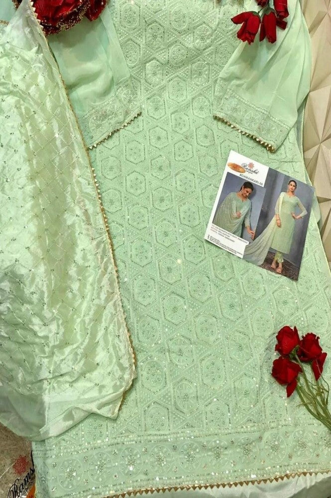 Green Color Georgette With Heavy Embroidery Unstitched Suit