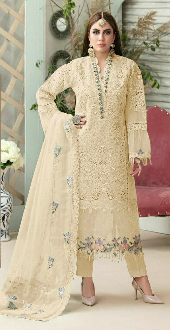 REET MAHAL GEORGETTE EMBROIDERY PAKISTANI SUIT SALWAR MATERIAL WITH FLORAL NET DUPATTA