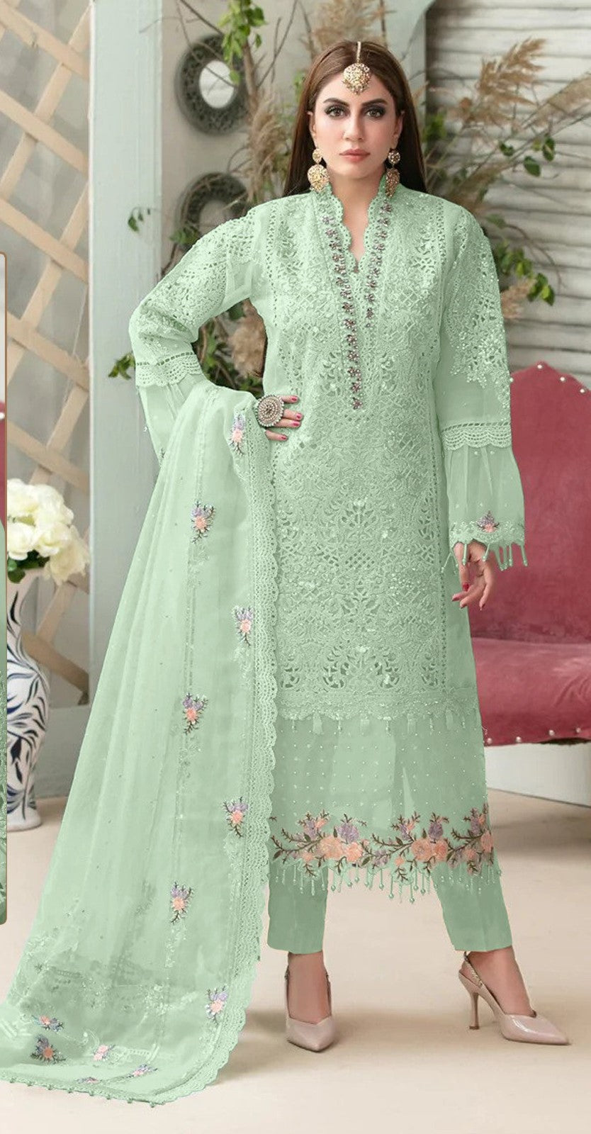 REET MAHAL GEORGETTE EMBROIDERY PAKISTANI SUIT SALWAR MATERIAL WITH FLORAL NET DUPATTA