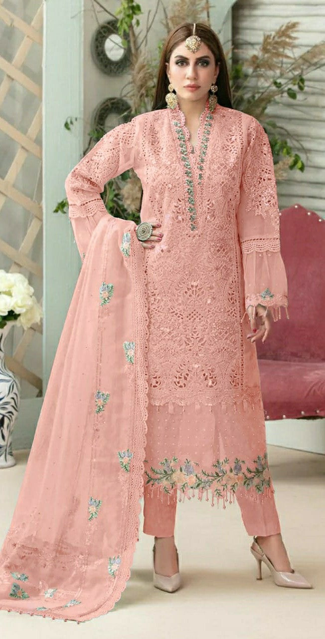 REET MAHAL GEORGETTE EMBROIDERY PAKISTANI SUIT SALWAR MATERIAL WITH FLORAL NET DUPATTA