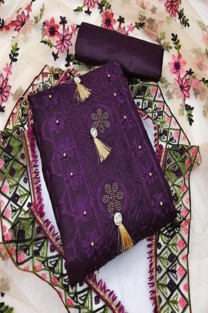 Unstitched Cotton Blend Embroidered Salwar Suit Material