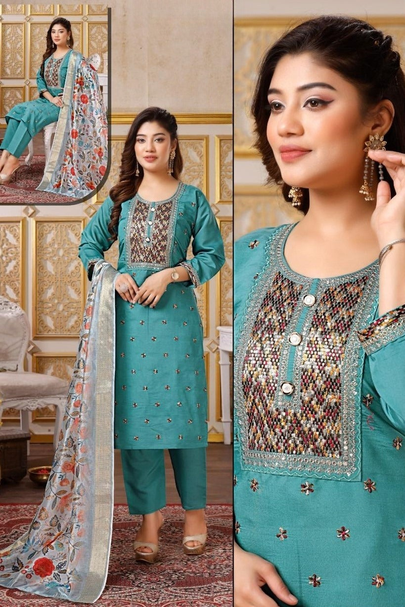 Reet Mahal Blue Designer Kurta Set with Contrast Dupatta