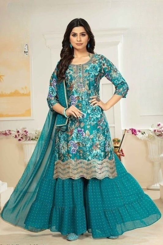 Reet Mahal Chinon Fabric Kurta & Blue Shahara with Net Dupatta