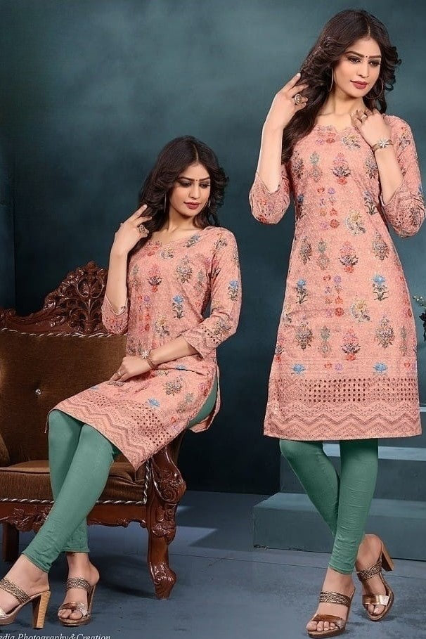 Reet Mahal Peach Chikankari Kurti Only