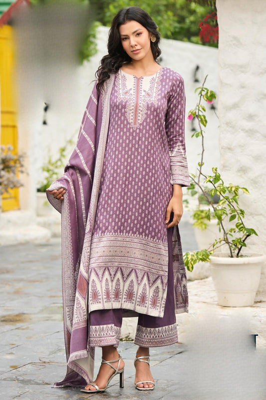 Reet Mahal Heavy Embellished Semi-Stitched Woollen Suit Material