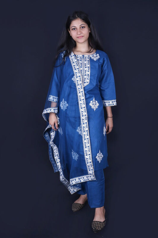 Blue Embroidered Cotton Blend Kurta Pant Set