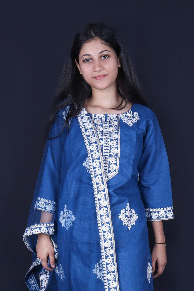 Blue Embroidered Cotton Blend Kurta Pant Set