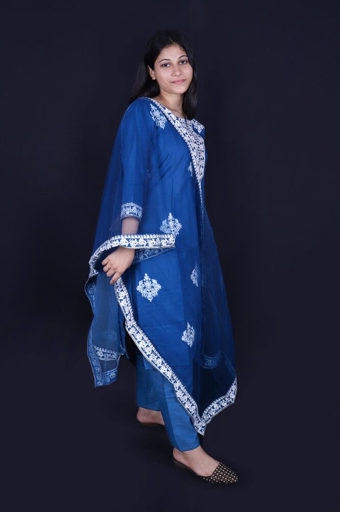 Blue Embroidered Cotton Blend Kurta Pant Set