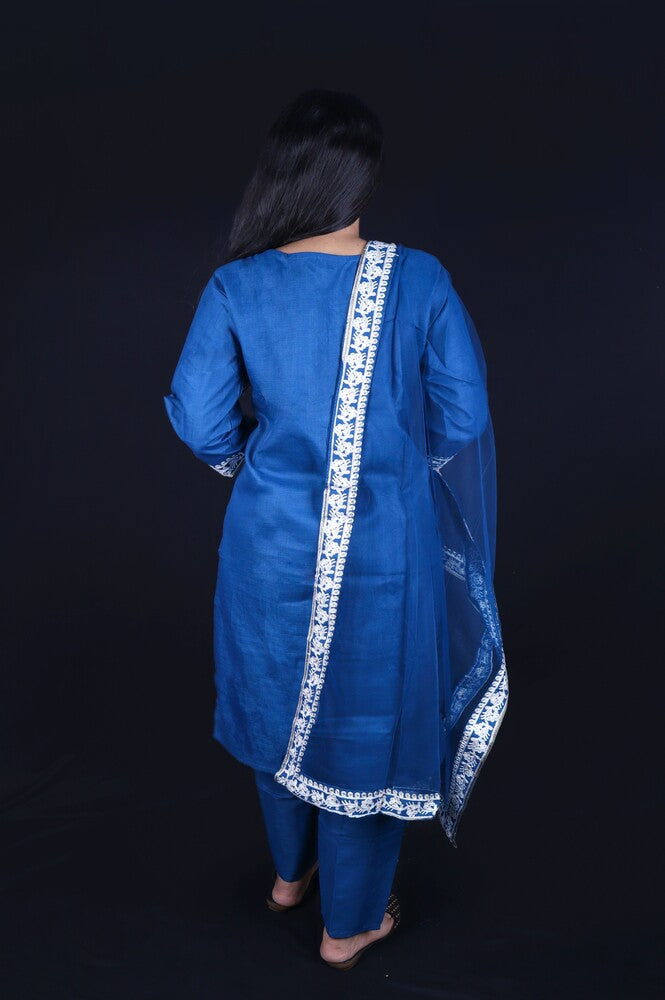 Blue Embroidered Cotton Blend Kurta Pant Set