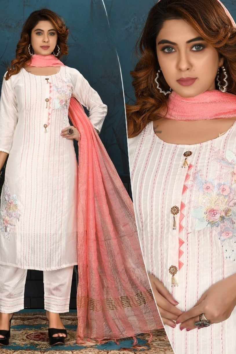 REET MAHAL WHITE KURTA , PANT WITH ORGANZA DUPATTA SET LADIES SUITS