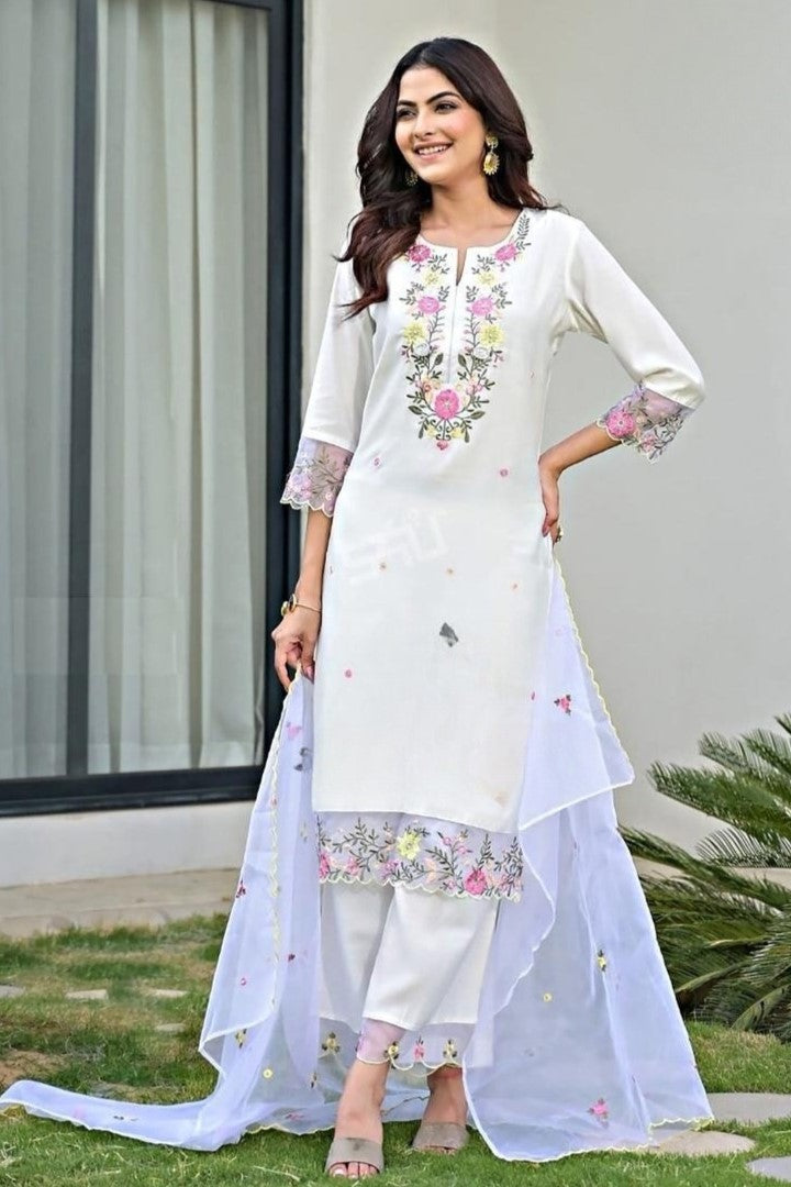 Reet Mahal Designer White Printed Kurta Set with Organza Dupatta