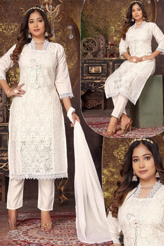 REET MAHAL DESIGNER KURTA SET & DUPATTA WITH LATICE LACE WORK