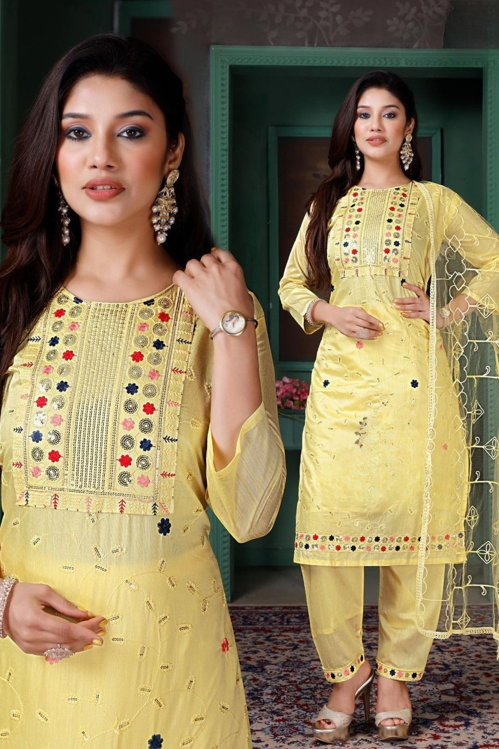 REET MAHAL READYMADE YELLOW KURTA, PANT WITH NET DUPATTA SET