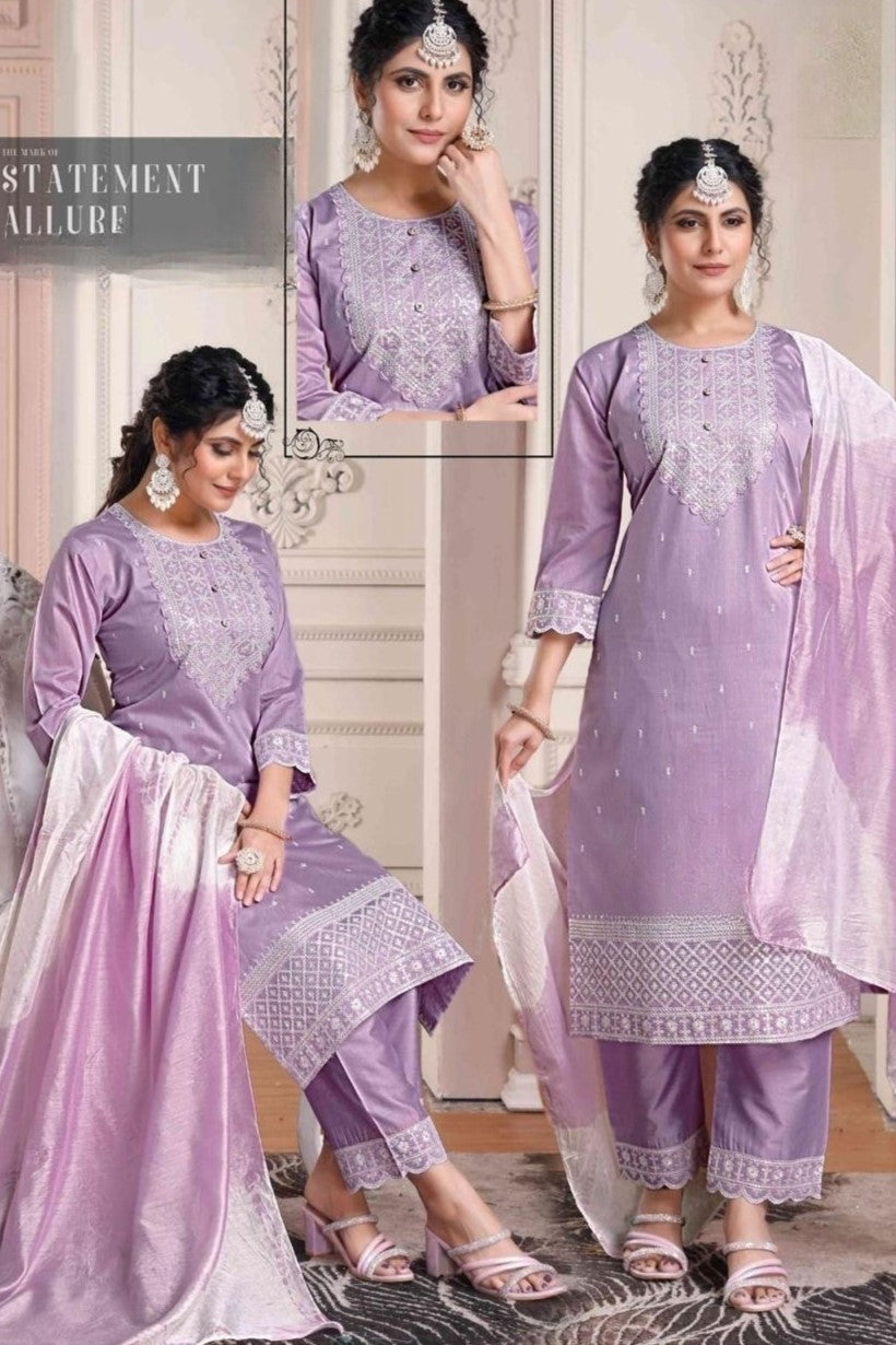 Reet Mahal Lavender designer Kurta with Pant & Double Shade Dupatta