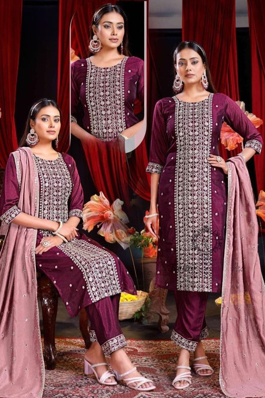 Reet Mahal Designer Wine Kurta Set with Contrast Dupatta