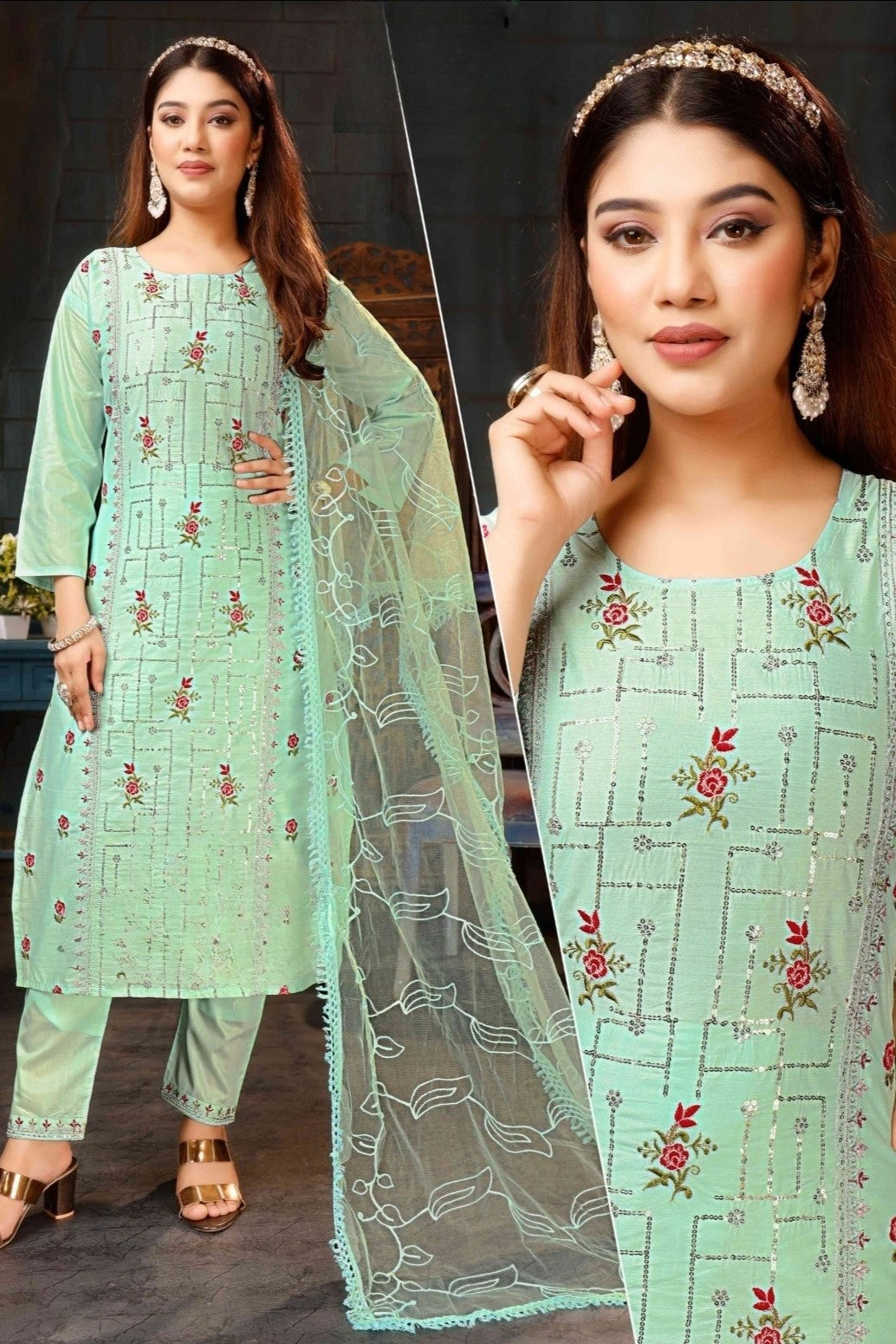 REET MAHAL PRINTED KURTA SET WITH NET DUPATTA