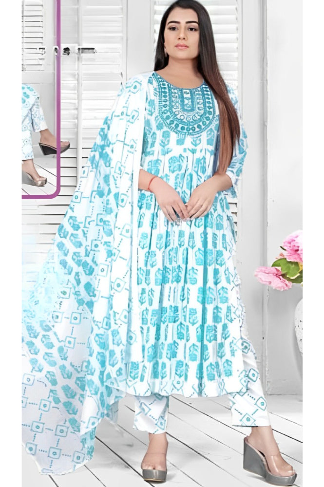 REET MAHAL TRADITIONAL STRAIGHT NAIRA CUT KURTA SET-IN SKY-BLUE COLOR