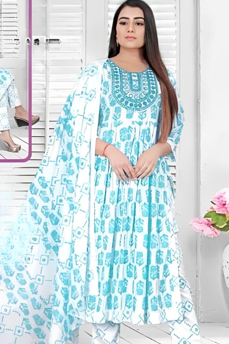 REET MAHAL TRADITIONAL STRAIGHT NAIRA CUT KURTA SET-IN SKY-BLUE COLOR