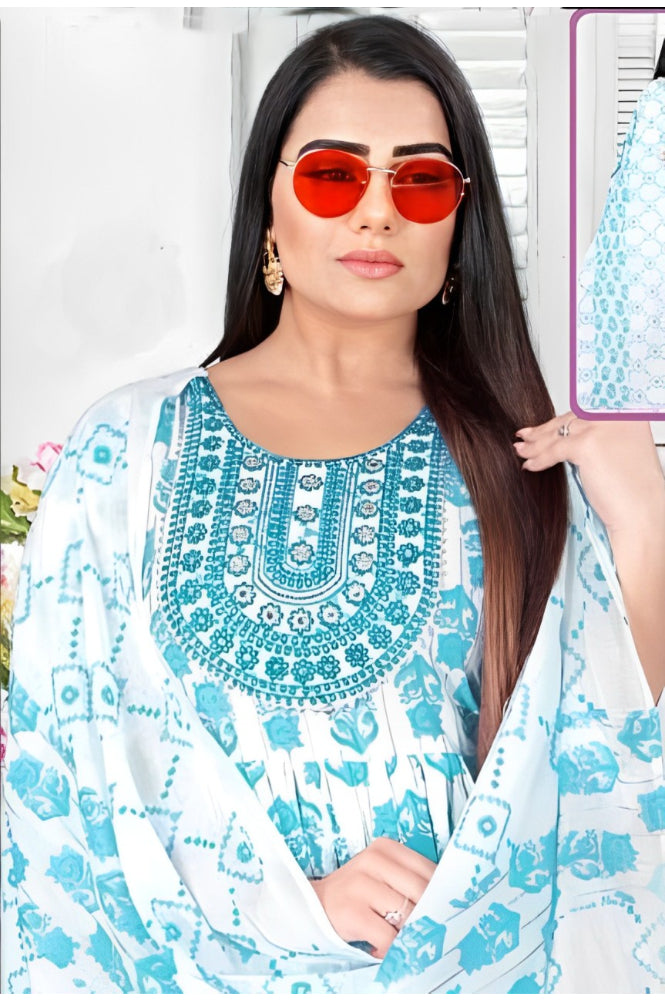 REET MAHAL TRADITIONAL STRAIGHT NAIRA CUT KURTA SET-IN SKY-BLUE COLOR