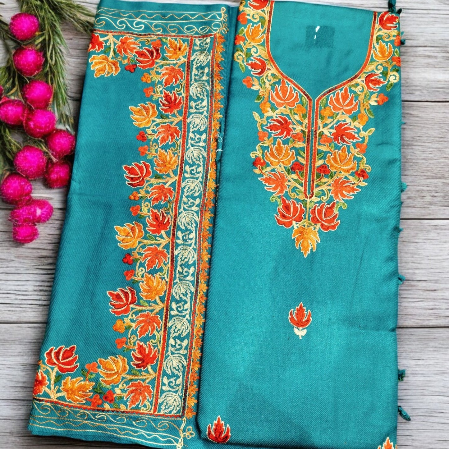 Kashmiri Work Unstitched Suit Fabric - Exquisite Handcrafted Embroidery