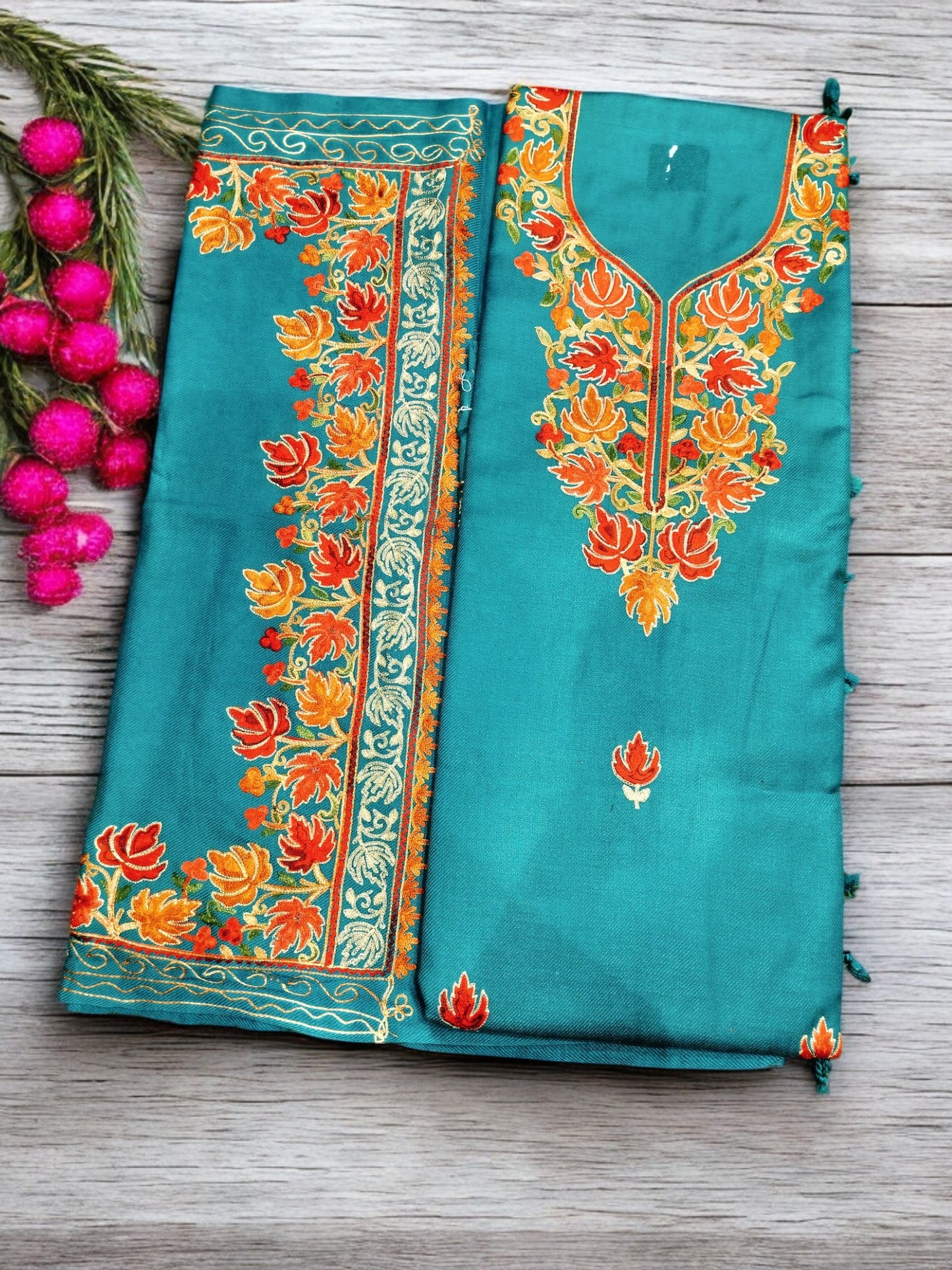 Kashmiri Work Unstitched Suit Fabric - Exquisite Handcrafted Embroidery