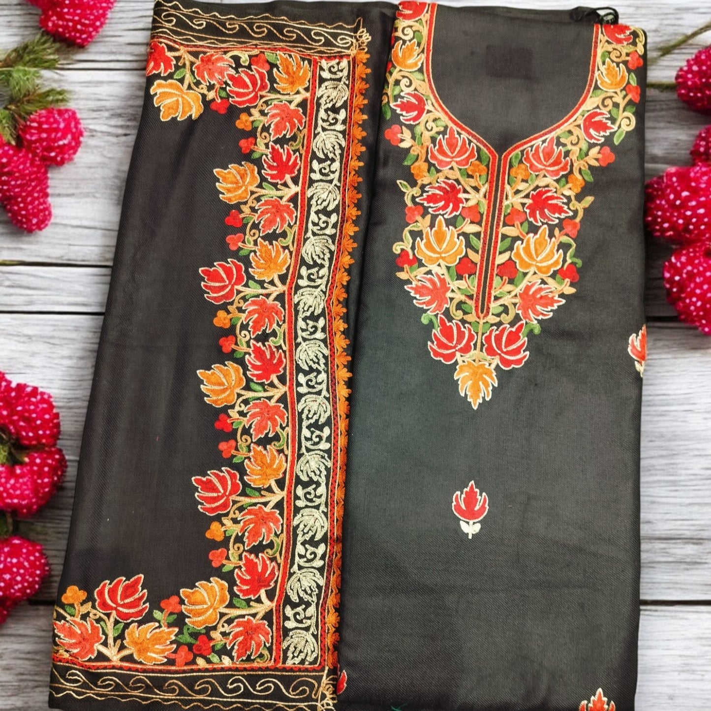 Kashmiri Work Unstitched Suit Fabric - Exquisite Handcrafted Embroidery