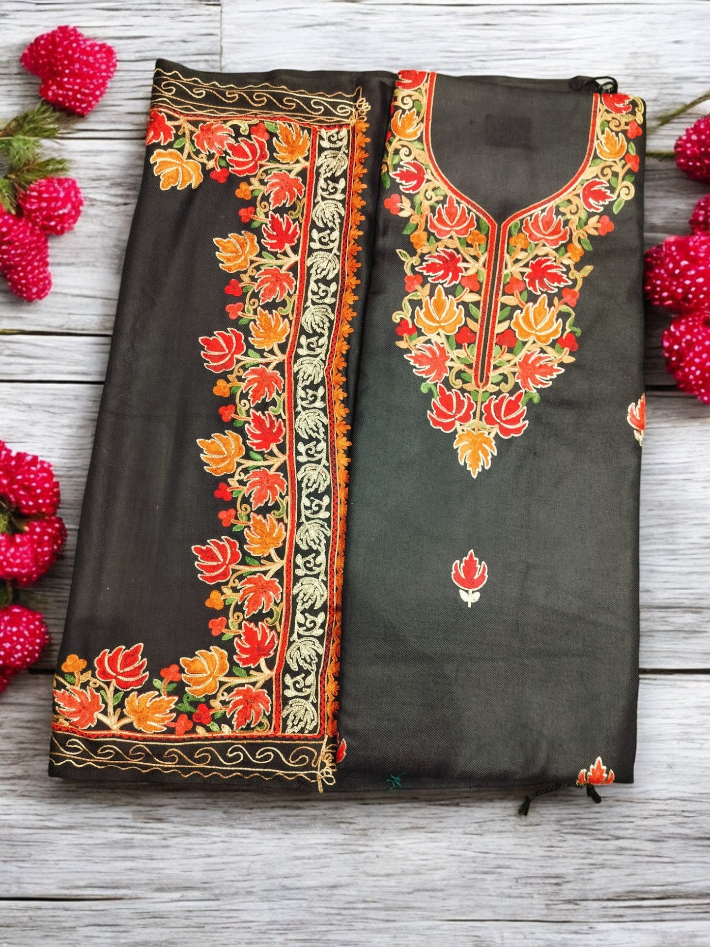 Kashmiri Work Unstitched Suit Fabric - Exquisite Handcrafted Embroidery