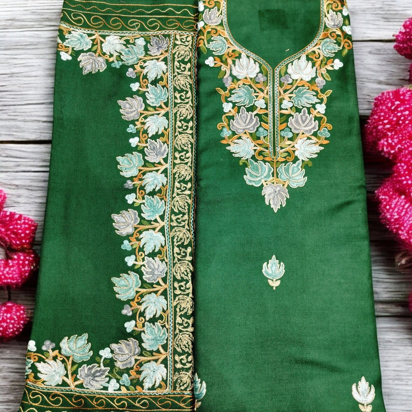 Kashmiri Work Unstitched Suit Fabric - Exquisite Handcrafted Embroidery