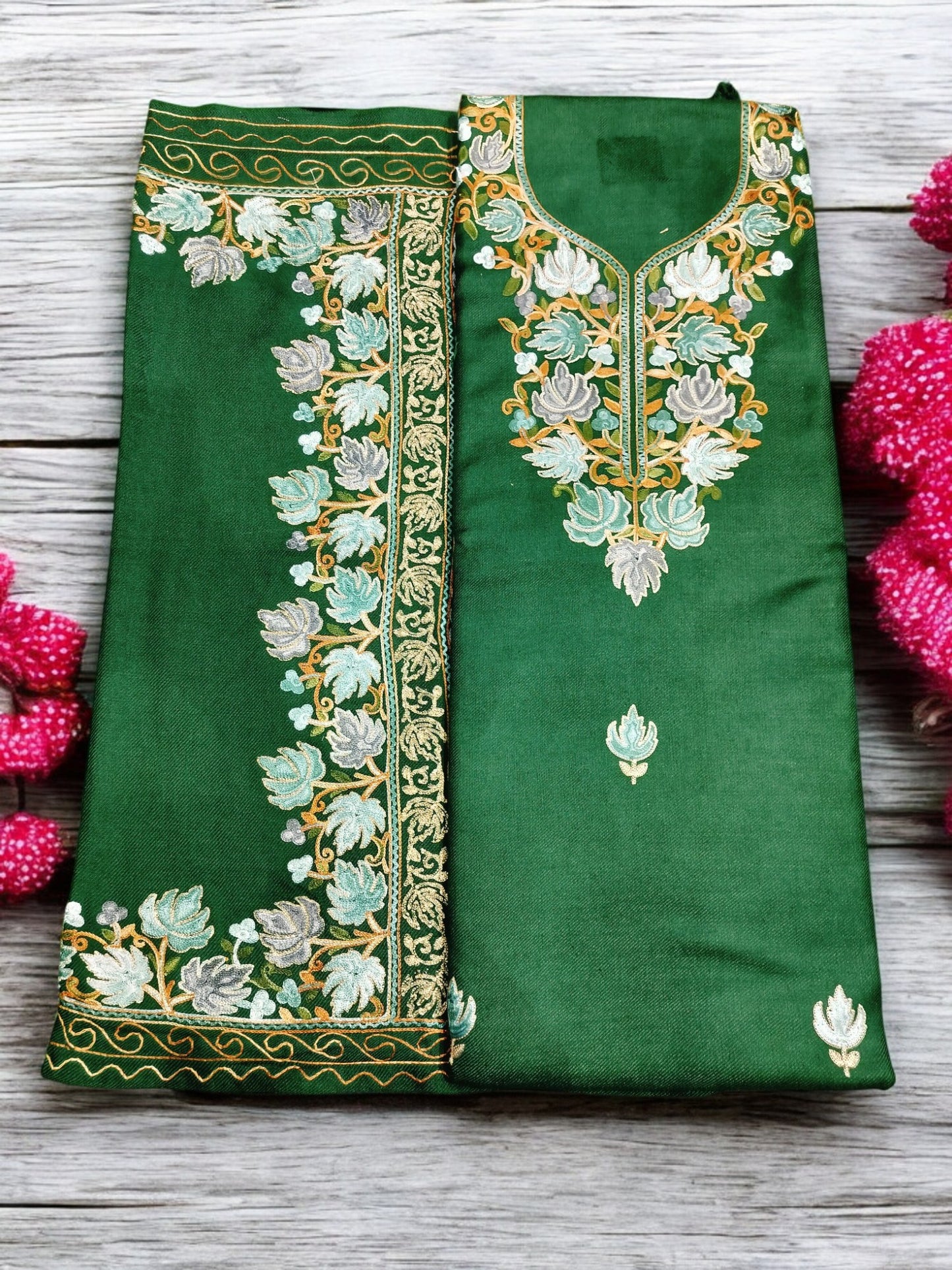 Kashmiri Work Unstitched Suit Fabric - Exquisite Handcrafted Embroidery