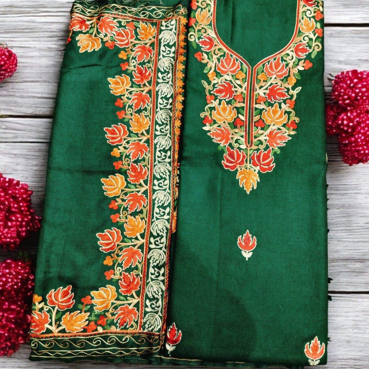 Kashmiri Work Unstitched Suit Fabric - Exquisite Handcrafted Embroidery