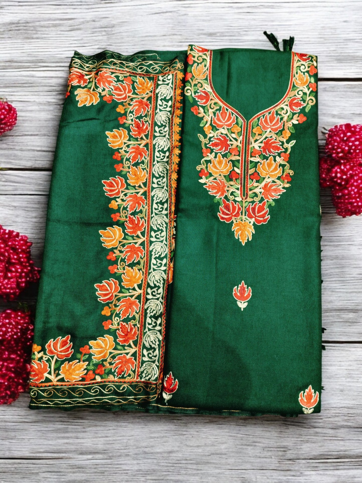 Kashmiri Work Unstitched Suit Fabric - Exquisite Handcrafted Embroidery