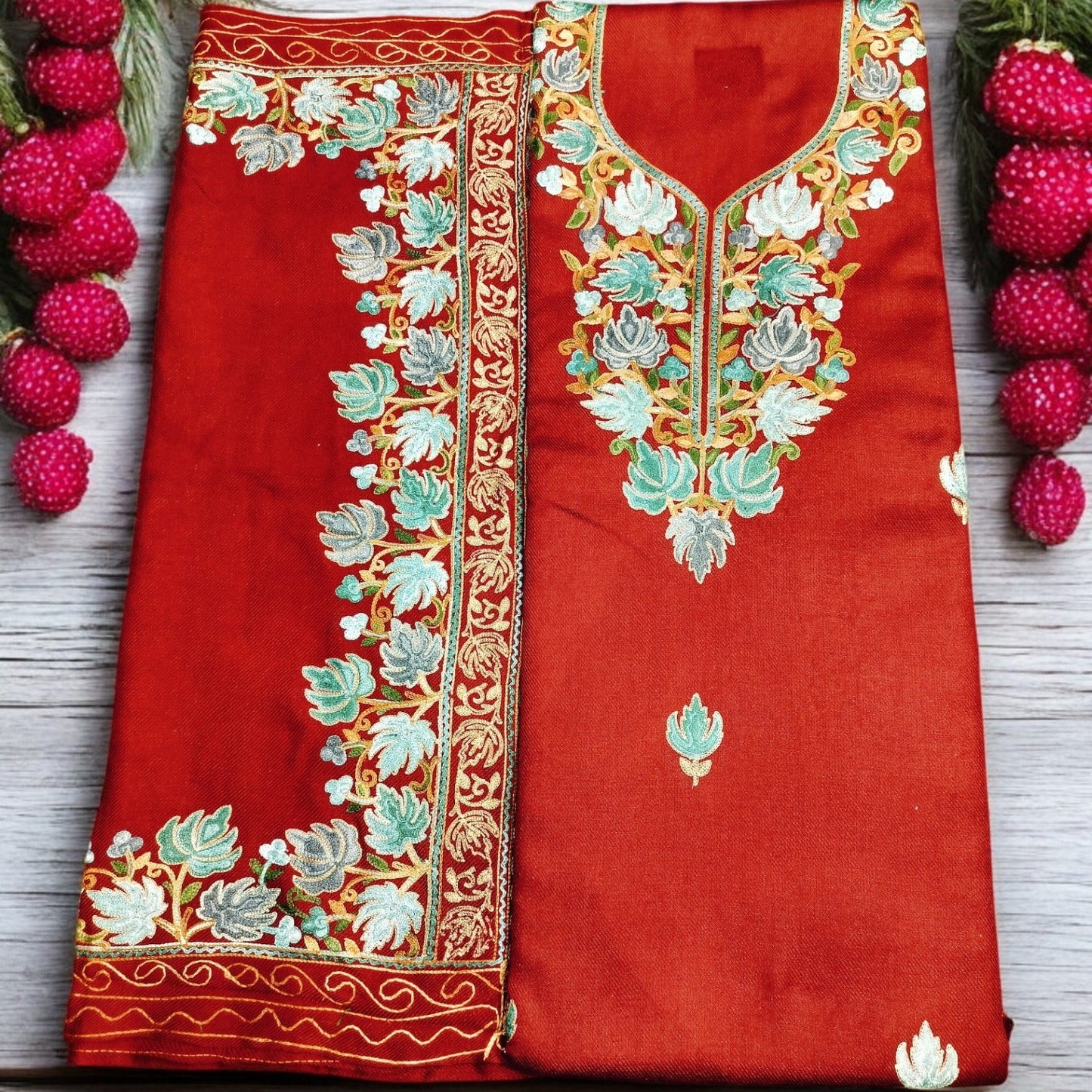 Kashmiri Work Unstitched Suit Fabric - Exquisite Handcrafted Embroidery