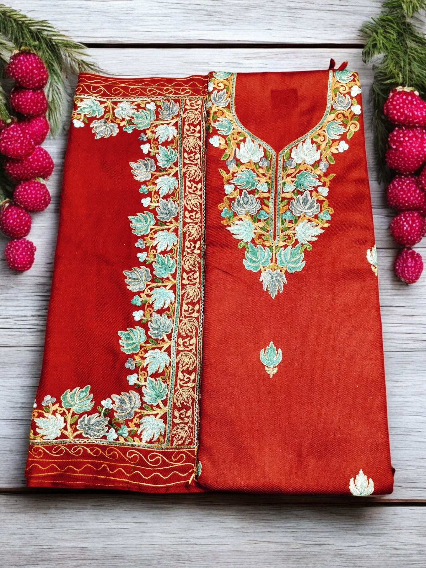 Kashmiri Work Unstitched Suit Fabric - Exquisite Handcrafted Embroidery