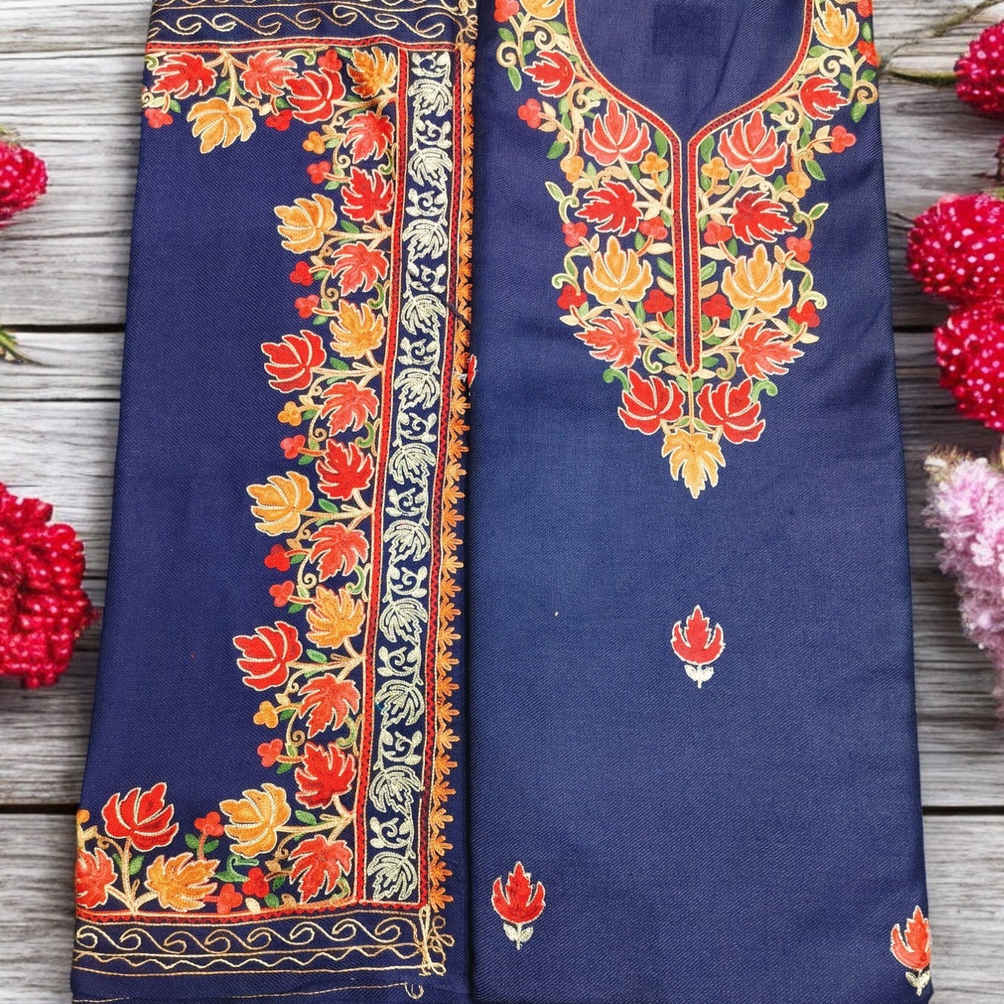 Kashmiri Work Unstitched Suit Fabric - Exquisite Handcrafted Embroidery