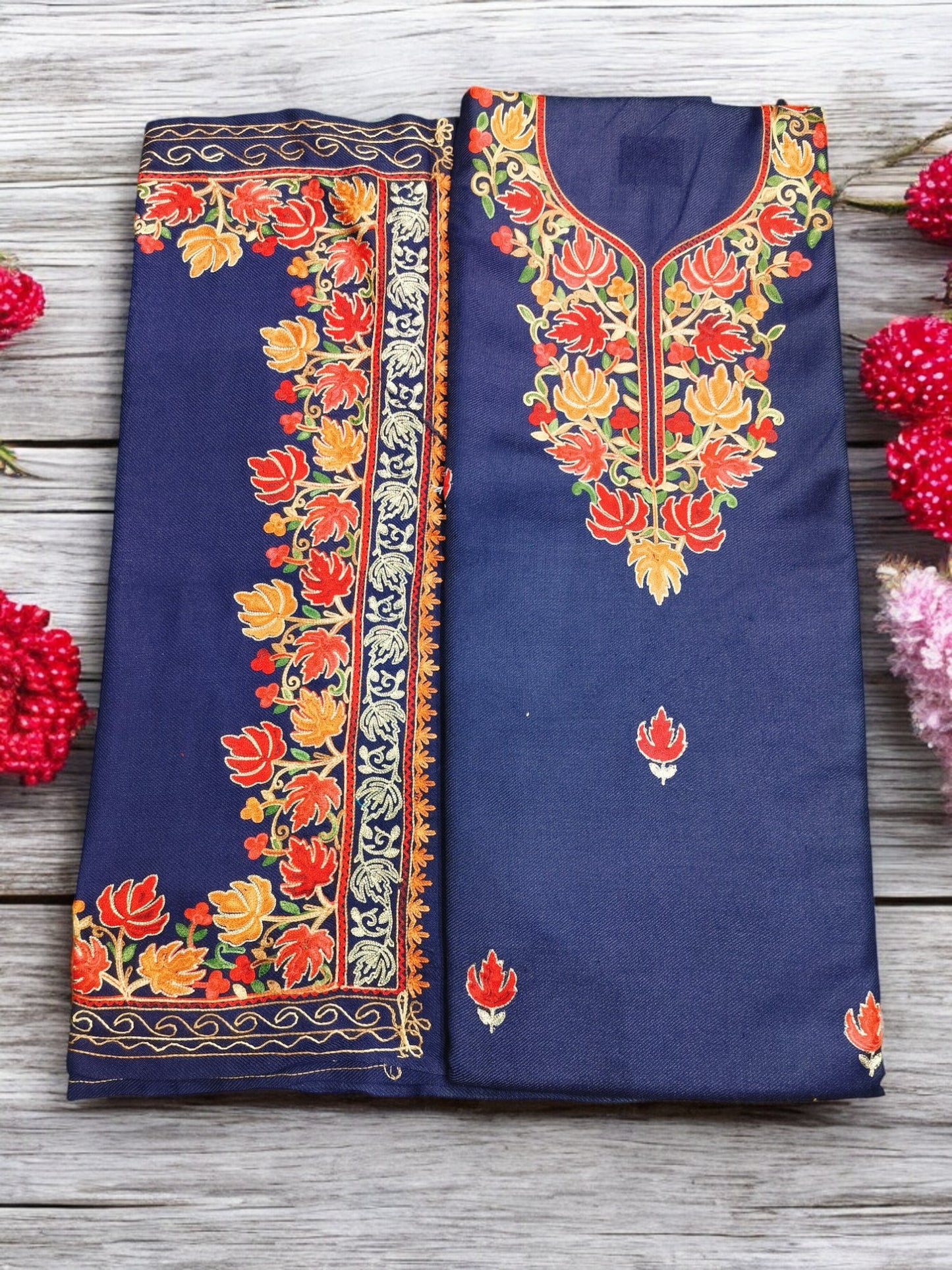 Kashmiri Work Unstitched Suit Fabric - Exquisite Handcrafted Embroidery